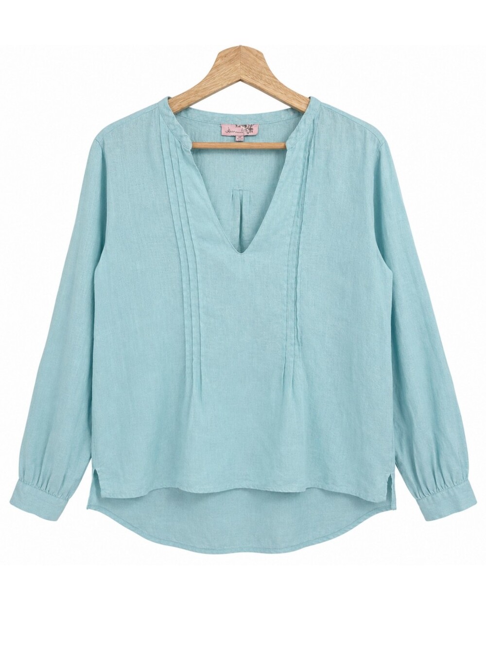 Hanna G 100% Linen Aqua Blue Pintuck Popover Blouse Split Neck Hi Low Hem Medium